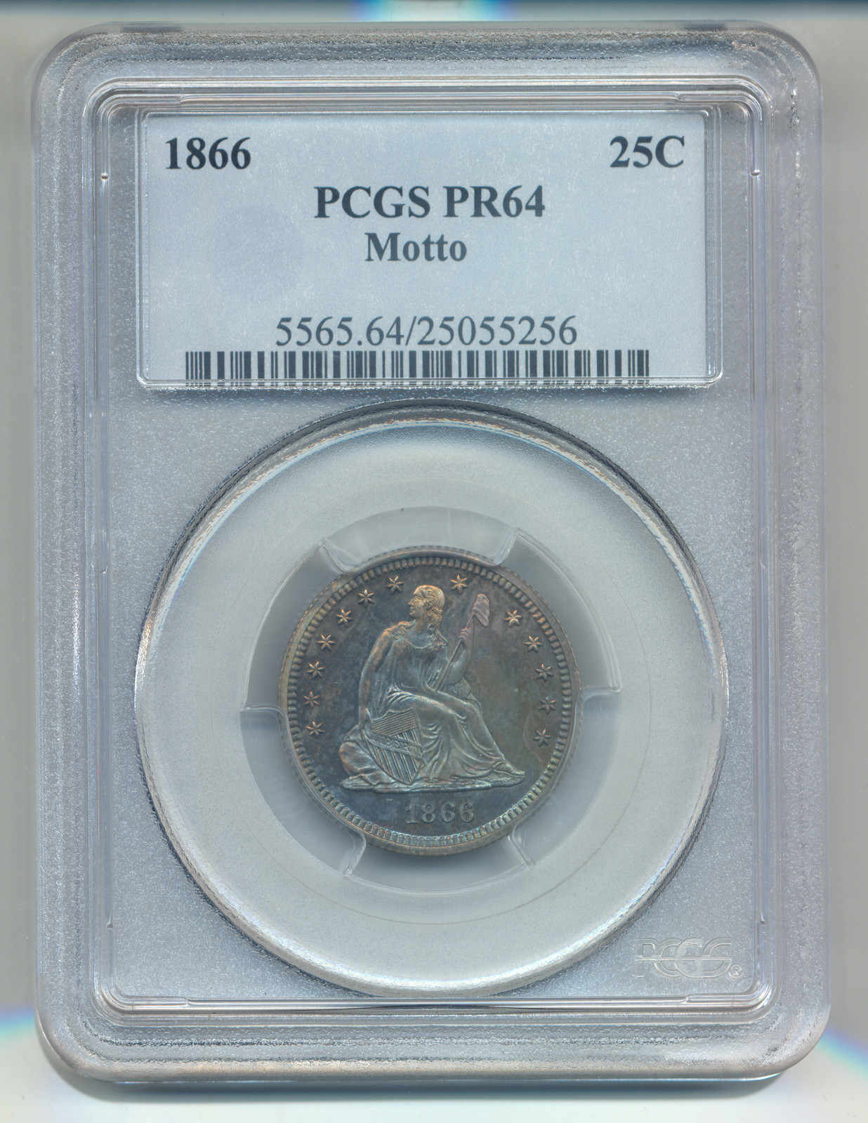 1866 Seated Liberty Quarter PCGS PR64 Motto-only 725 1866 Proof Quarters minted 1866 Seated Liberty Quarter PCGS PR64 Motto-only 725 1866 Proof Quarters minted