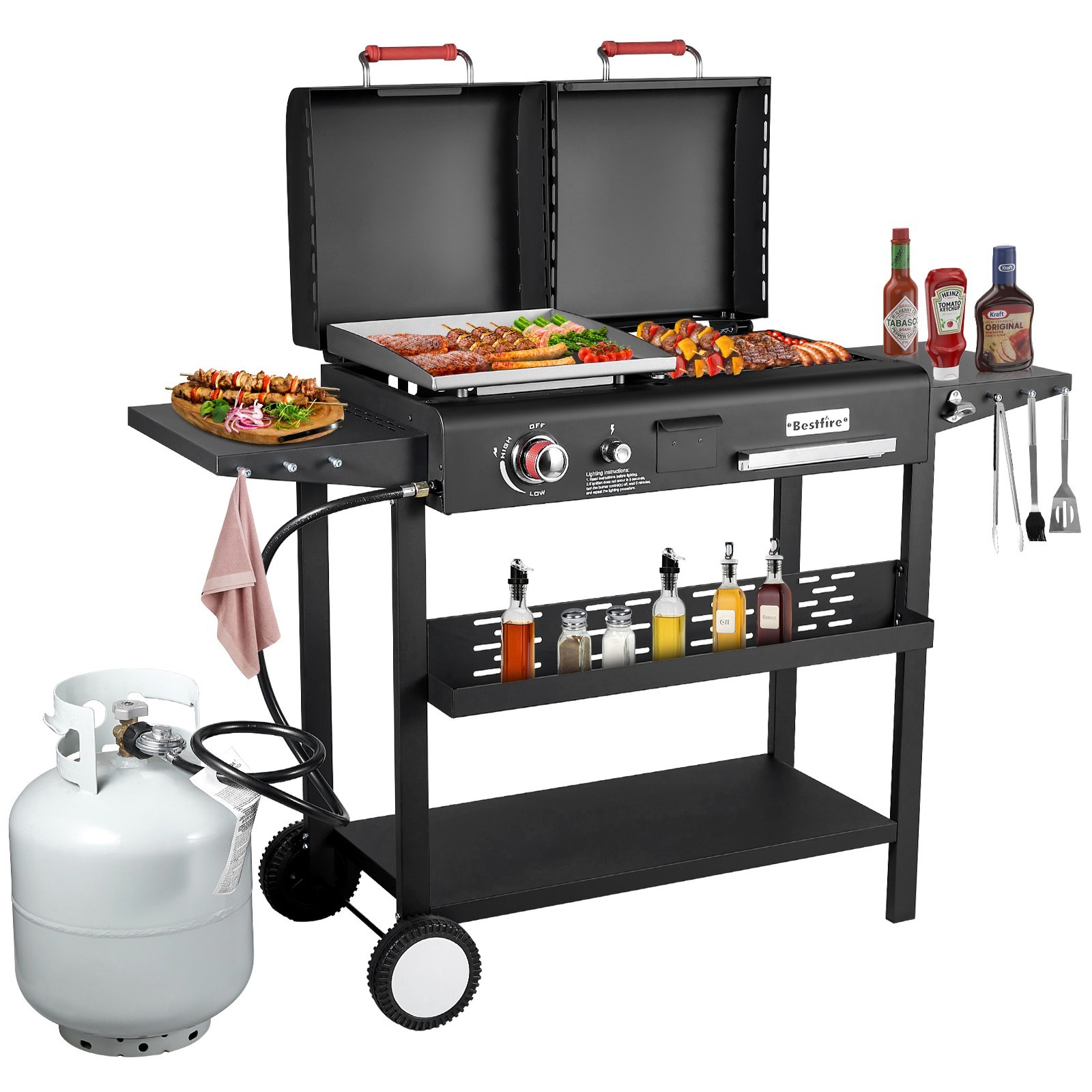 Dual Fuel Gas & Charcoal Grill Combo with Flat Top Griddle Dual Lids Outdoor BBQ