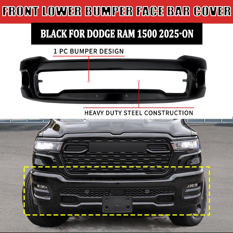 BLACK For RAM 1500 2025-2026 Steel Front Lower Bumper Face Bar Cover W/ Fog Hole