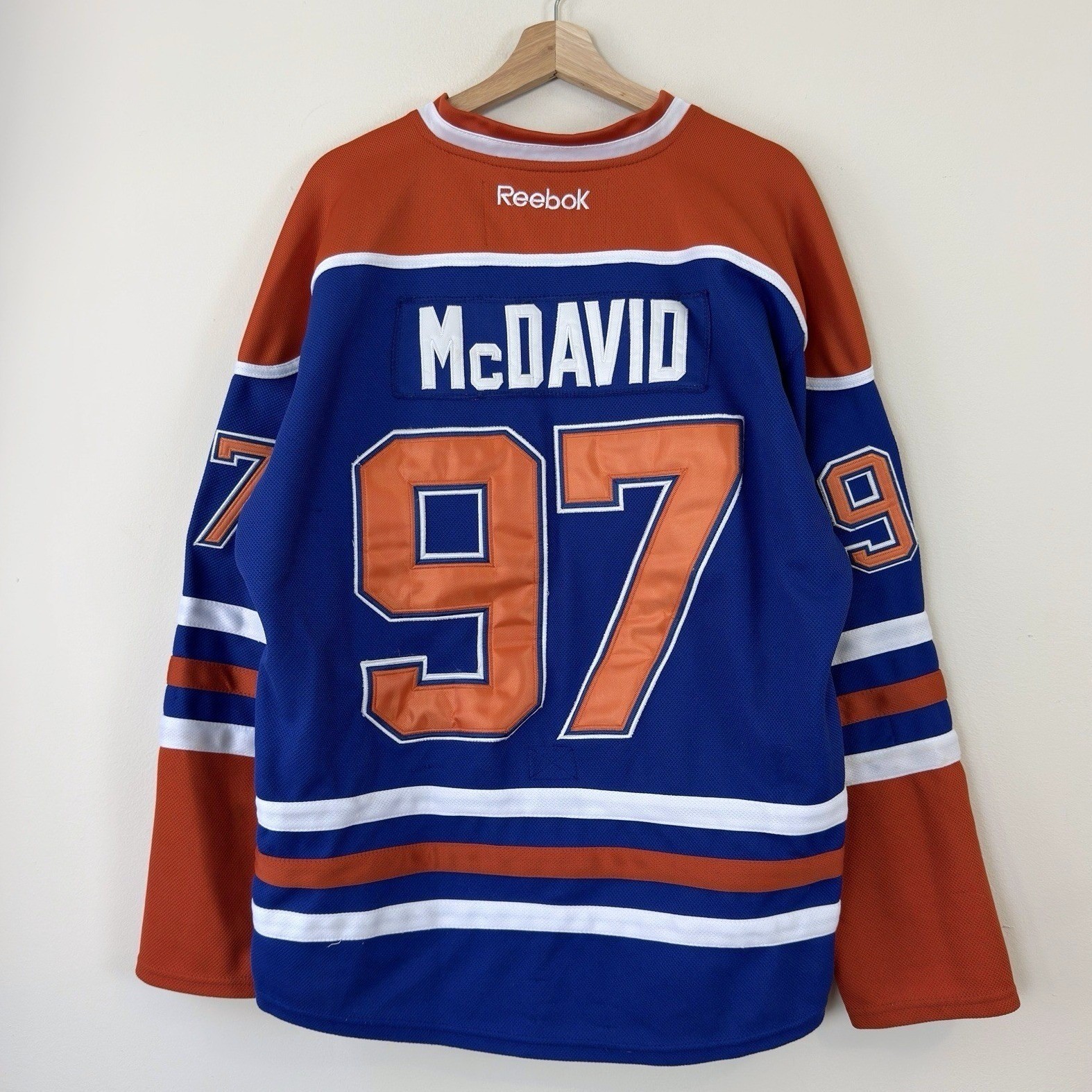Reebok Edmonton Oilers Connor McDavid #97 NHL Home Blue Orange Jersey Size 50