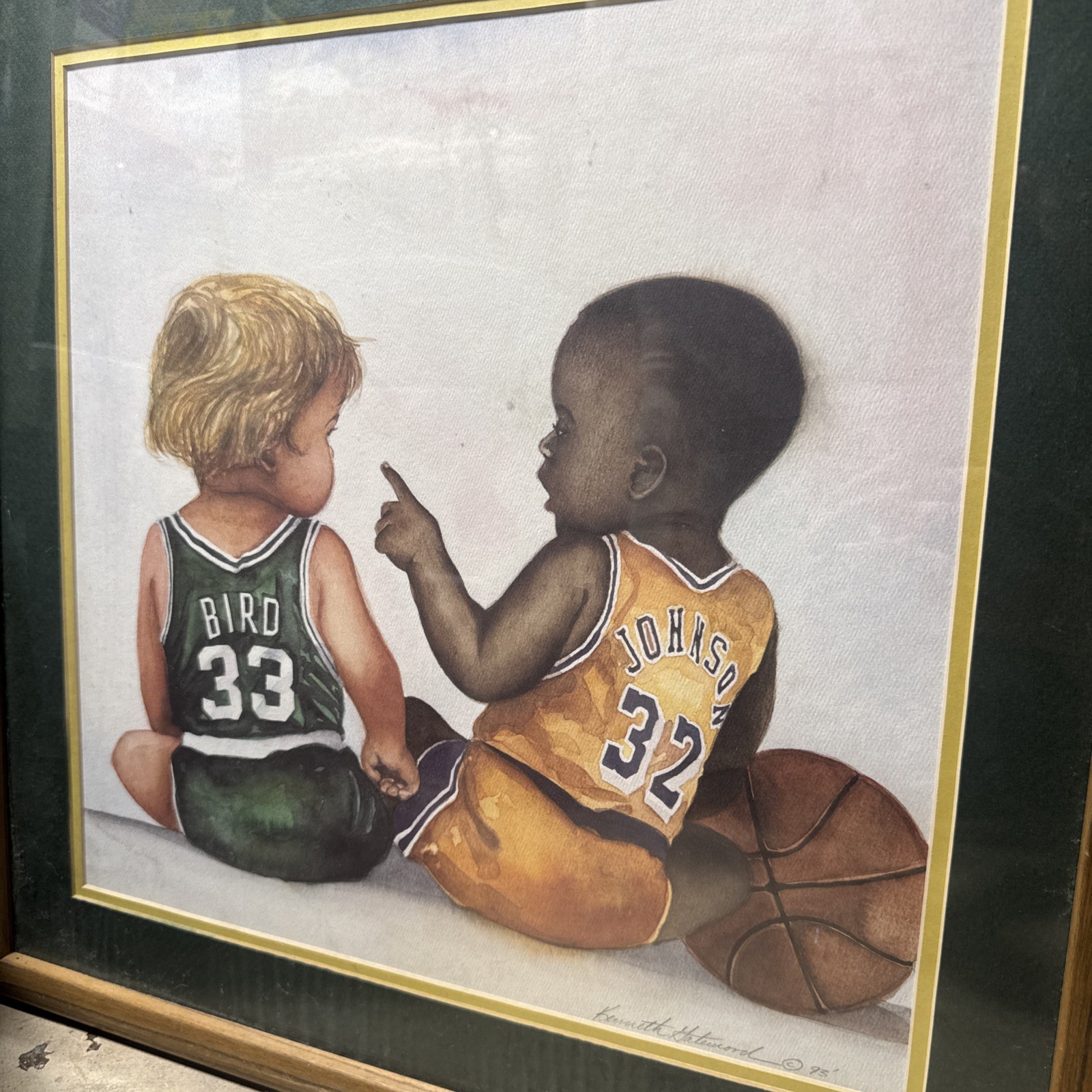 Vintage 1993 Signed Kenneth Gatewood Bird Magic Johnson Baby Basketball Print