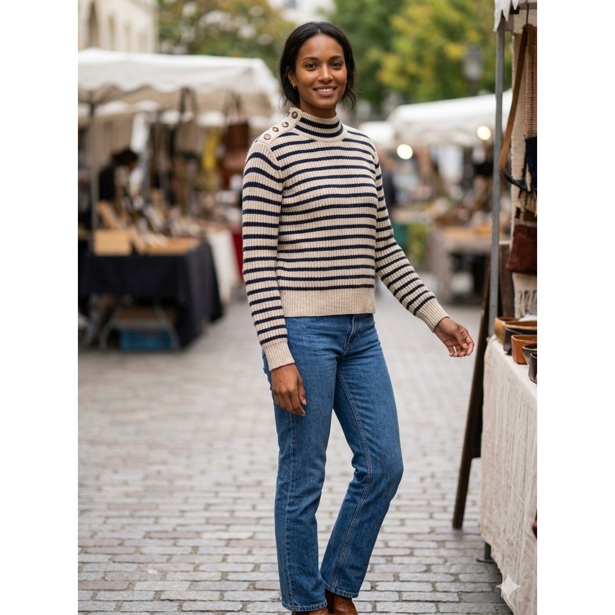 Mos Mosh Lin Stripe Knit Wool Blend Mock Neck Sweater Navy Ecru Large