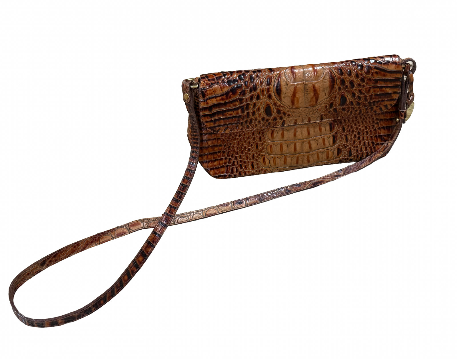 Vintage Brahmin Cognac Croc Embossed Leather Flap Shoulder Bag Fairhaven USA