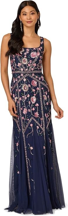 Adrianna Papell Beaded Ball Gown 16 Navy Pink Floral Godet Mesh NWT $369