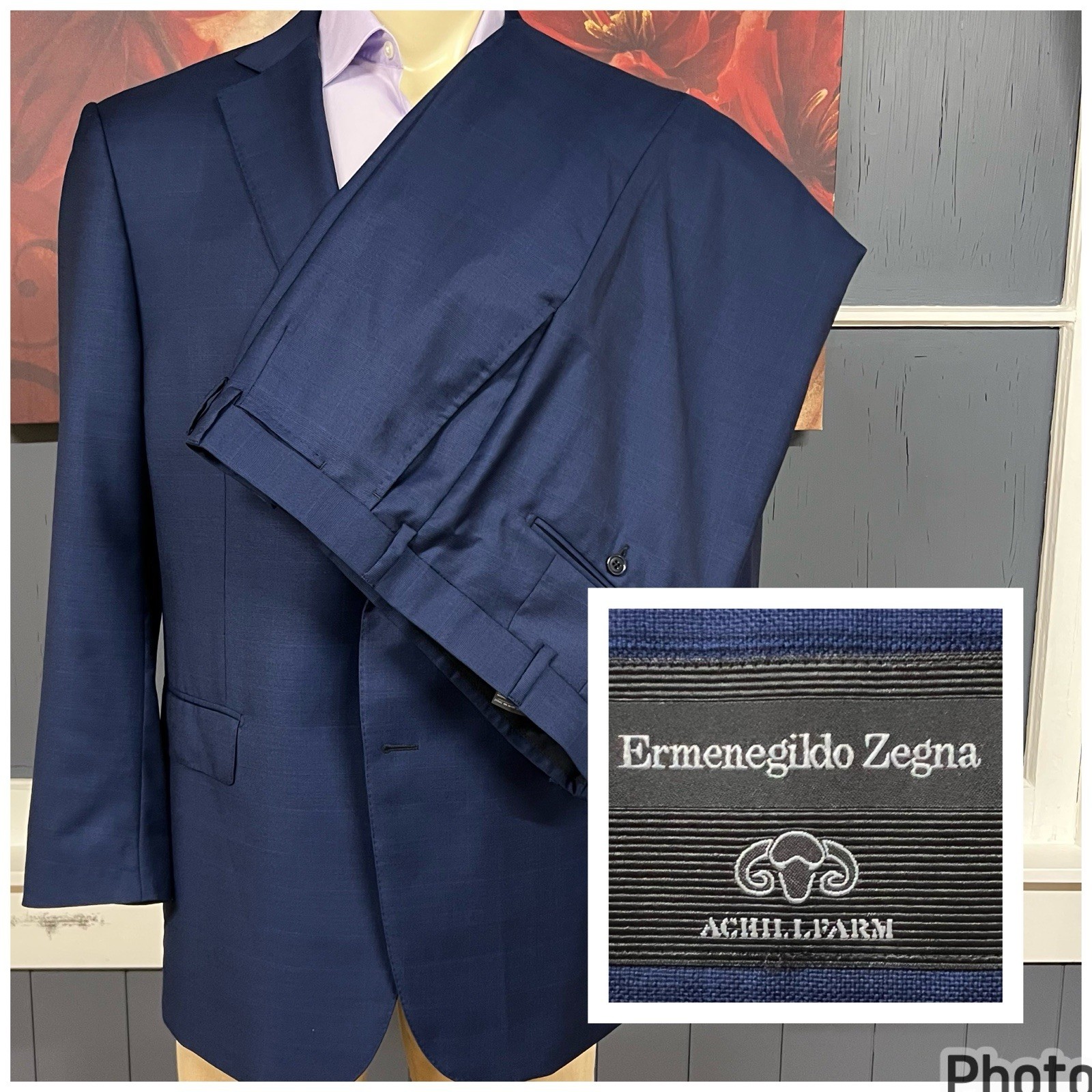 Ermenegildo Zegna (Actual Sz 46R) Suit Mens Wool Silk Navy Pants 38x28