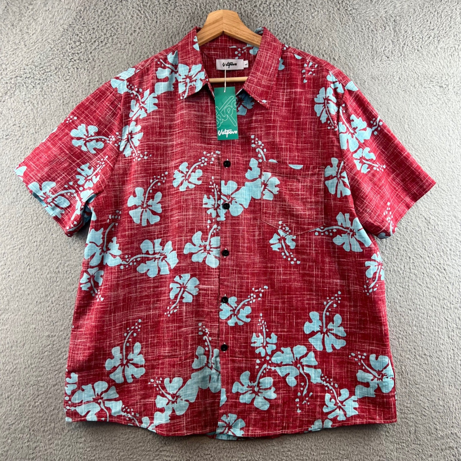 New Vatpave Mens Large Hawaiian Shirt Red Blue Hibiscus Floral Cotton Viscose