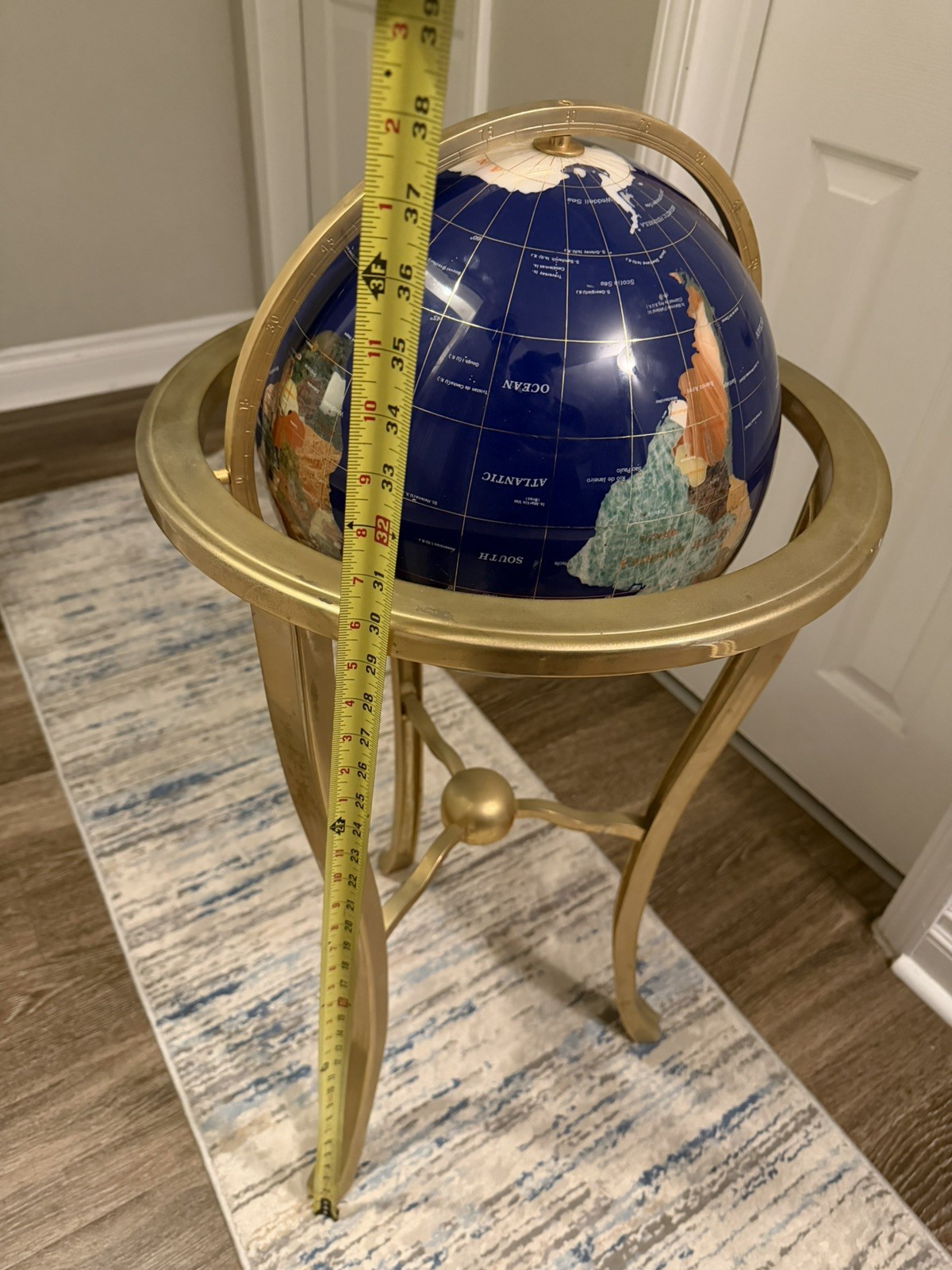 37” Tall Lapis Blue Pearlized Swirl Gemstone World Globe Brass Tripod Stand