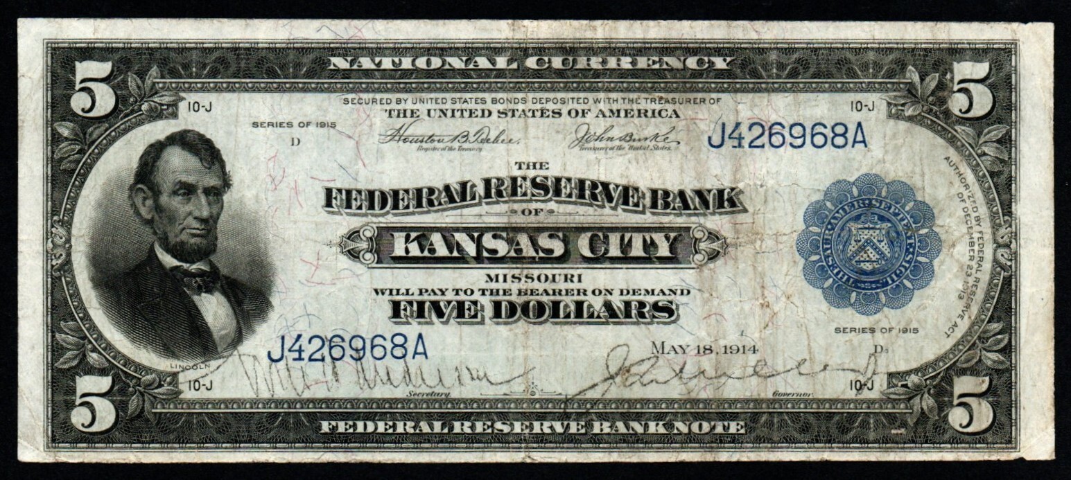 $5 SCARCER 1915 Series KANSAS CITY LARGE Size VF+ Federal Reserve Note $5 SCARCER 1915 Series KANSAS CITY LARGE Size VF+ Federal Reserve Note