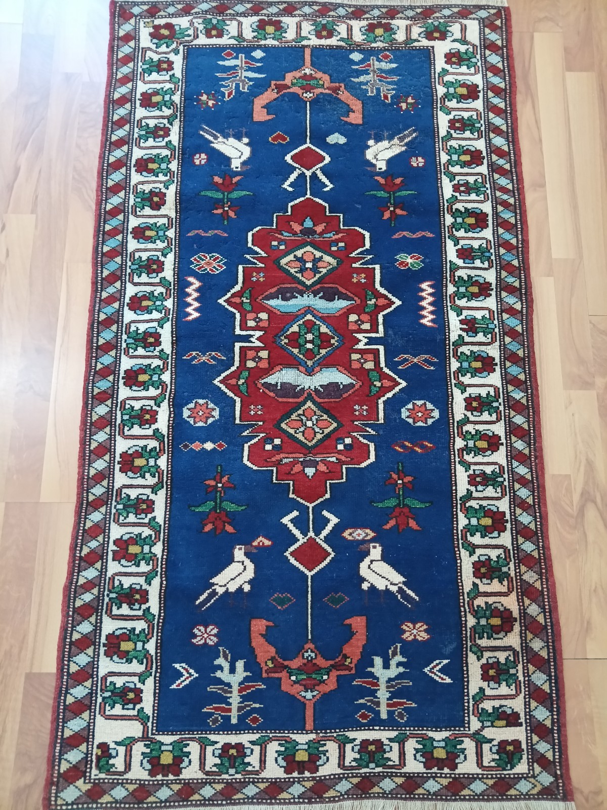 Vintage Handmade Turkish Anatolian Rug Blue Pink Bird Motif Kilim Area Rug Vintage Handmade Turkish Anatolian Rug Blue Pink Bird Motif Kilim Area Rug