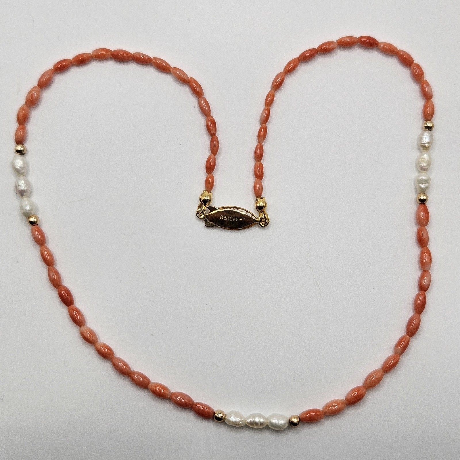 Pink Angel Skin Coral and Pearl Beaded Necklace Filagree Clasp 16\