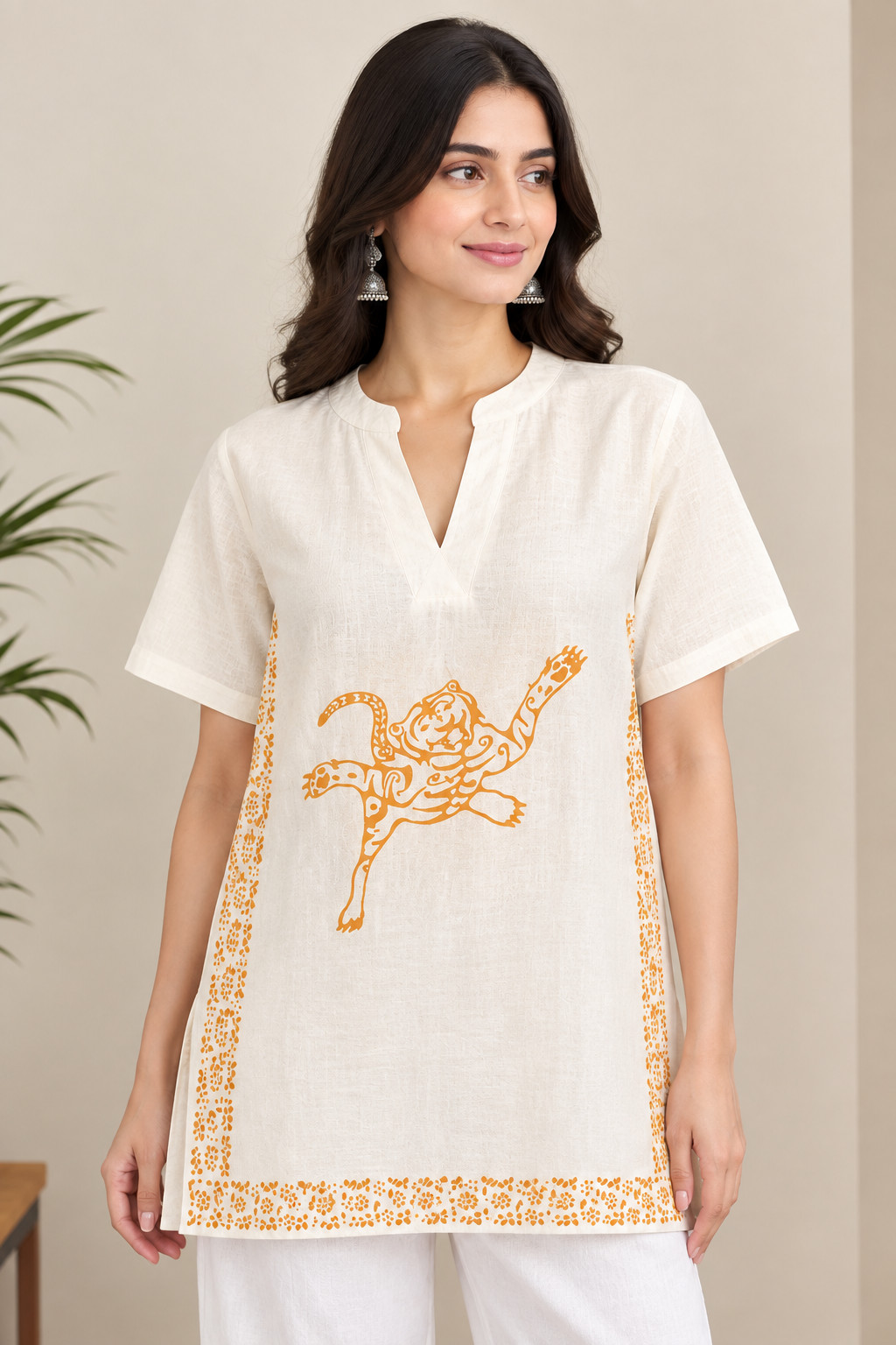 Women's Cotton Kurti Short Top Indian Ethnic Tunic Orange Print Casual Wear