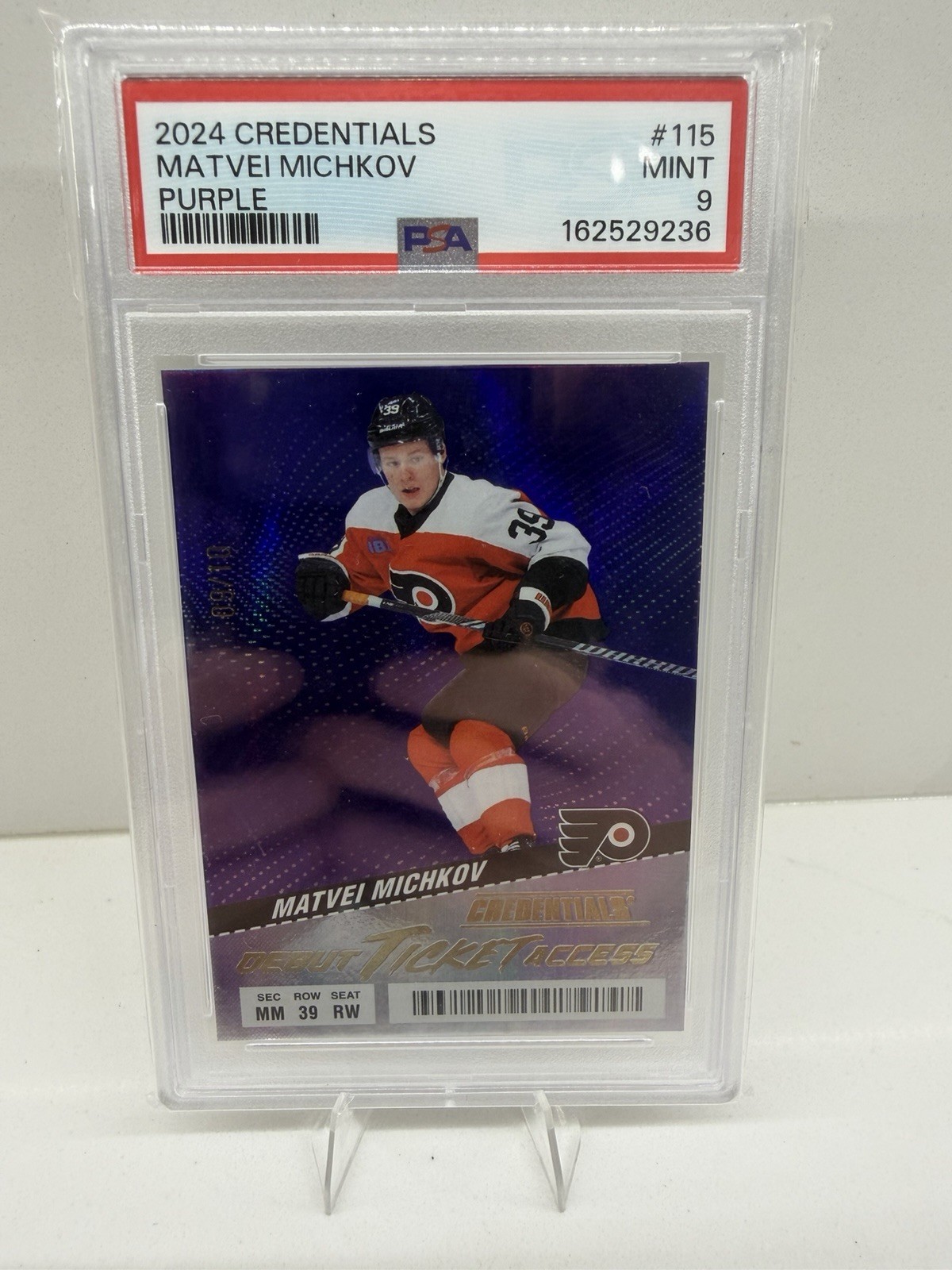 2024-25 Credentials Matvei Michkov Debut Ticket Access Purple #115 03/10 PSA 9