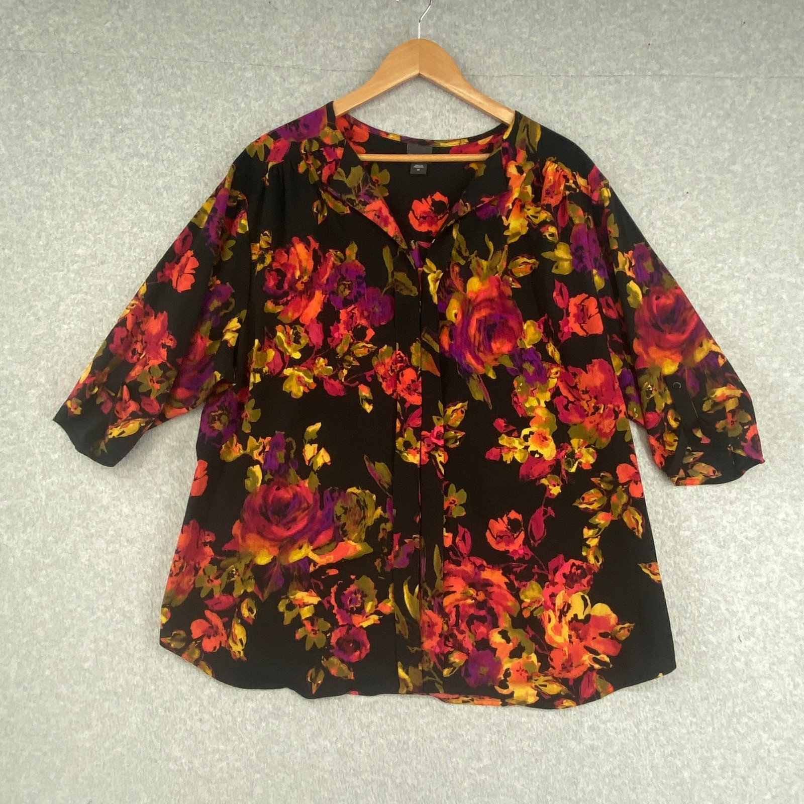 Covington Blouse Womens 3X Black Red Floral Roll Tab Sleeve Button Up Dressy