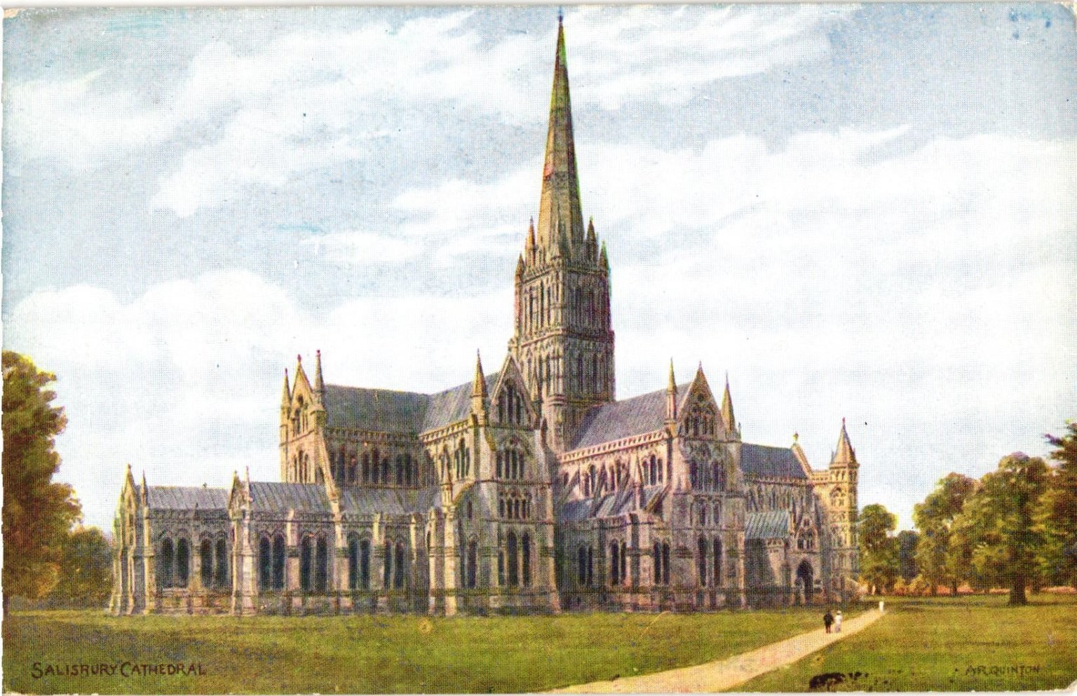 Salisbury Cathedral Vintage Postcard J. Salmon J. R. Quinton Art England