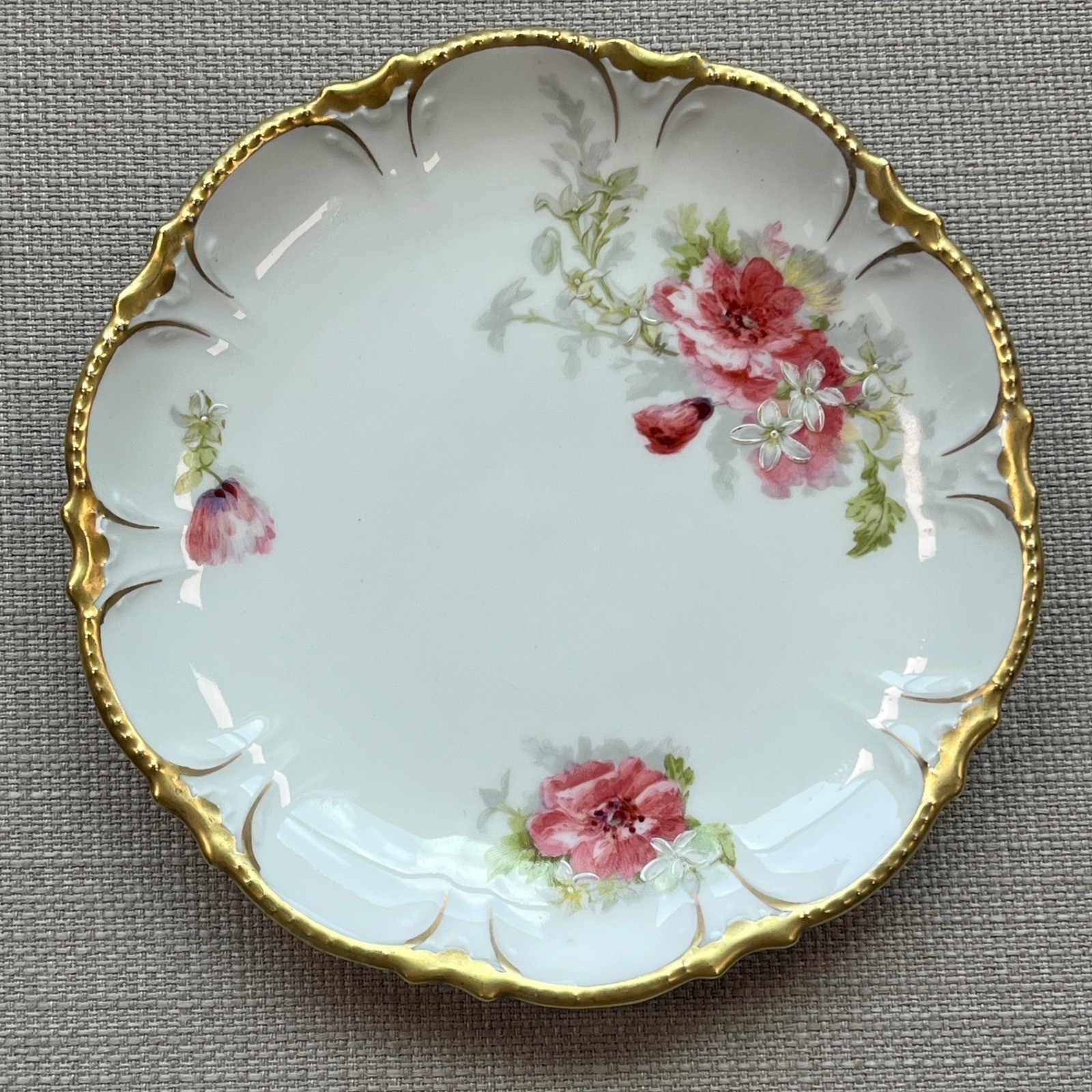 Antique Coronet Limoges France Cabinet Plate Beaded Gold Encrusted Rim & Roses