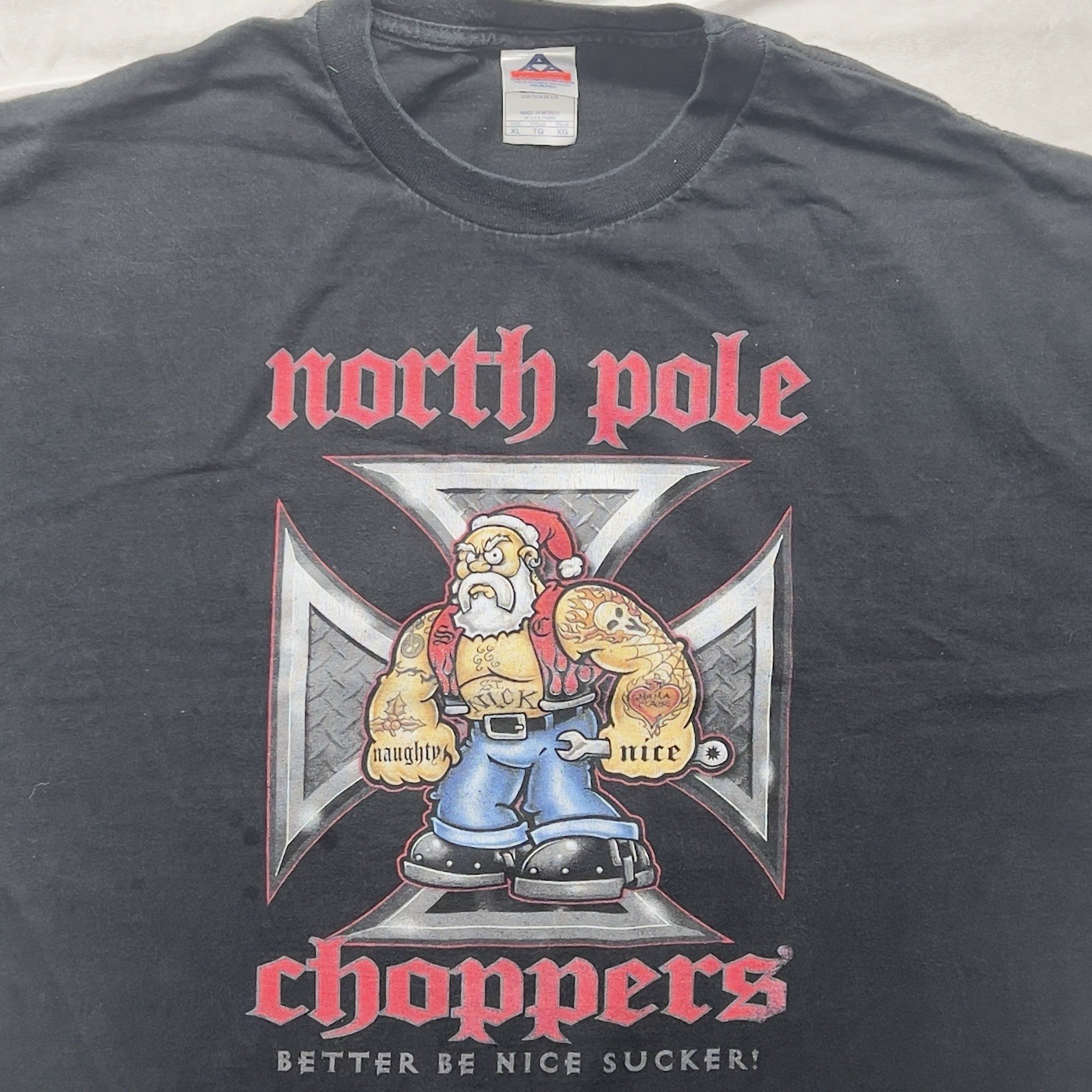 Vintage North Pole Choppers T-Shirt Mens XL Black Biker Tattoo Santa Funny Y2K Vintage North Pole Choppers T-Shirt Mens XL Black Biker Tattoo Santa Funny Y2K