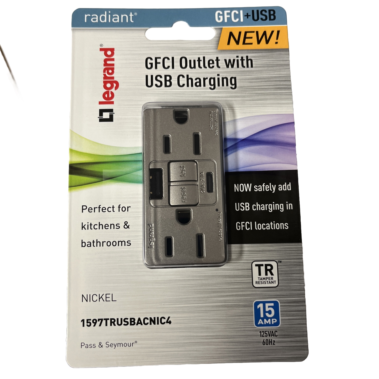 Radiant® 15A Tamper-Resisant Self-Test GFCI USB Type A and C Outlet Nickel