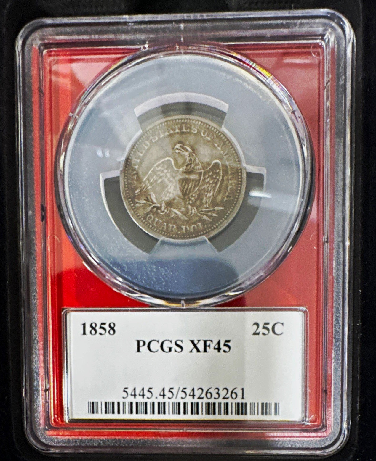 1858 Seated Liberty Quarter 25C Arrows, PCGS XF45 Business Strike