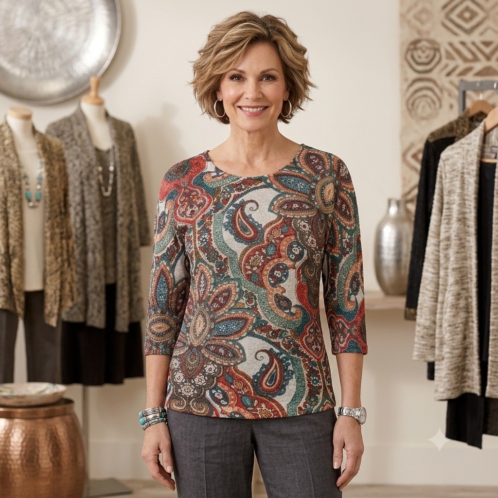 Chico\'s Paisley Knit Top Womens Size 1 M Multicolor 3/4 Sleeve Bohemian Boho