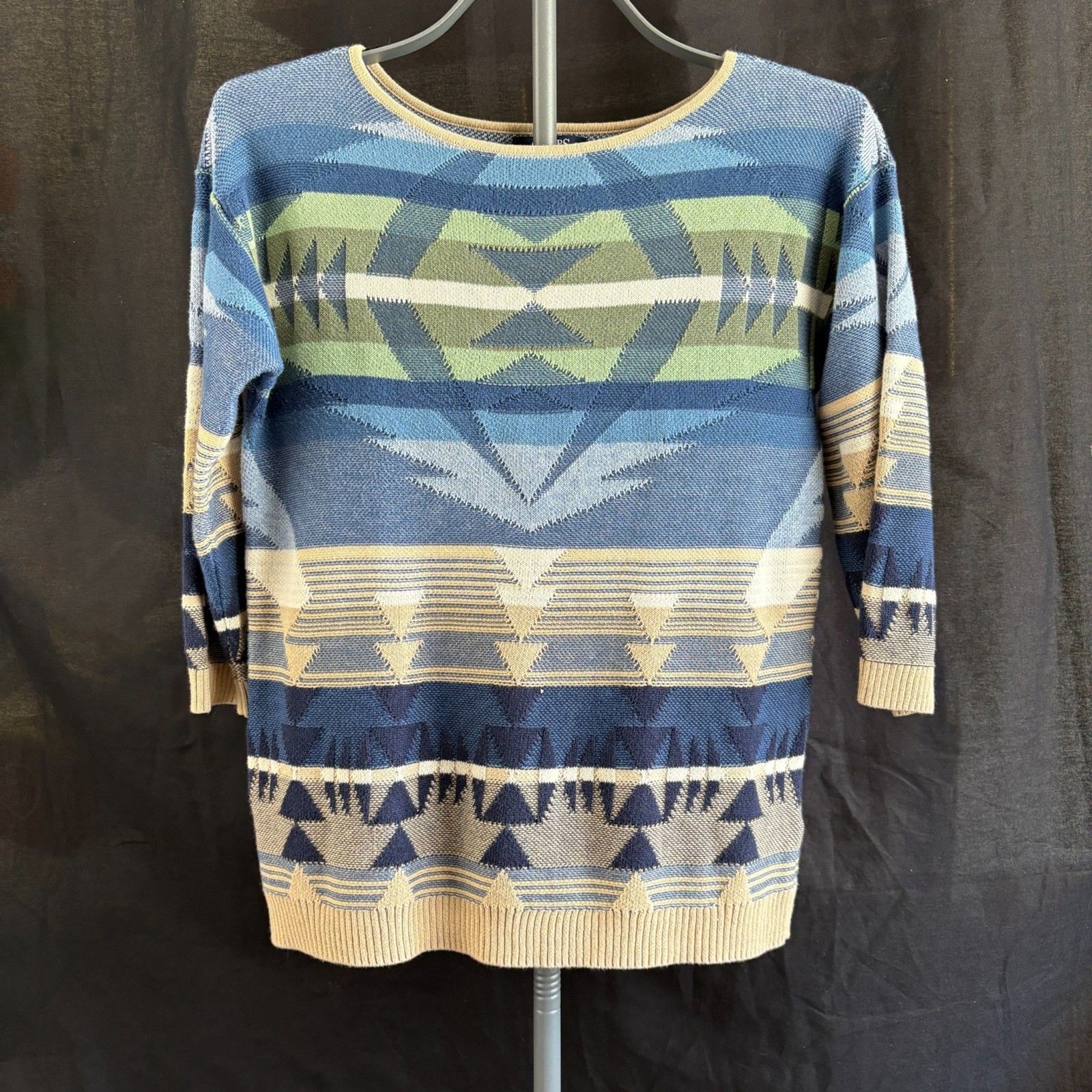 Vintage Chaps Denim Geometric Cotton Sweater S Blue Green Southwestern Knit Vintage Chaps Denim Geometric Cotton Sweater S Blue Green Southwestern Knit