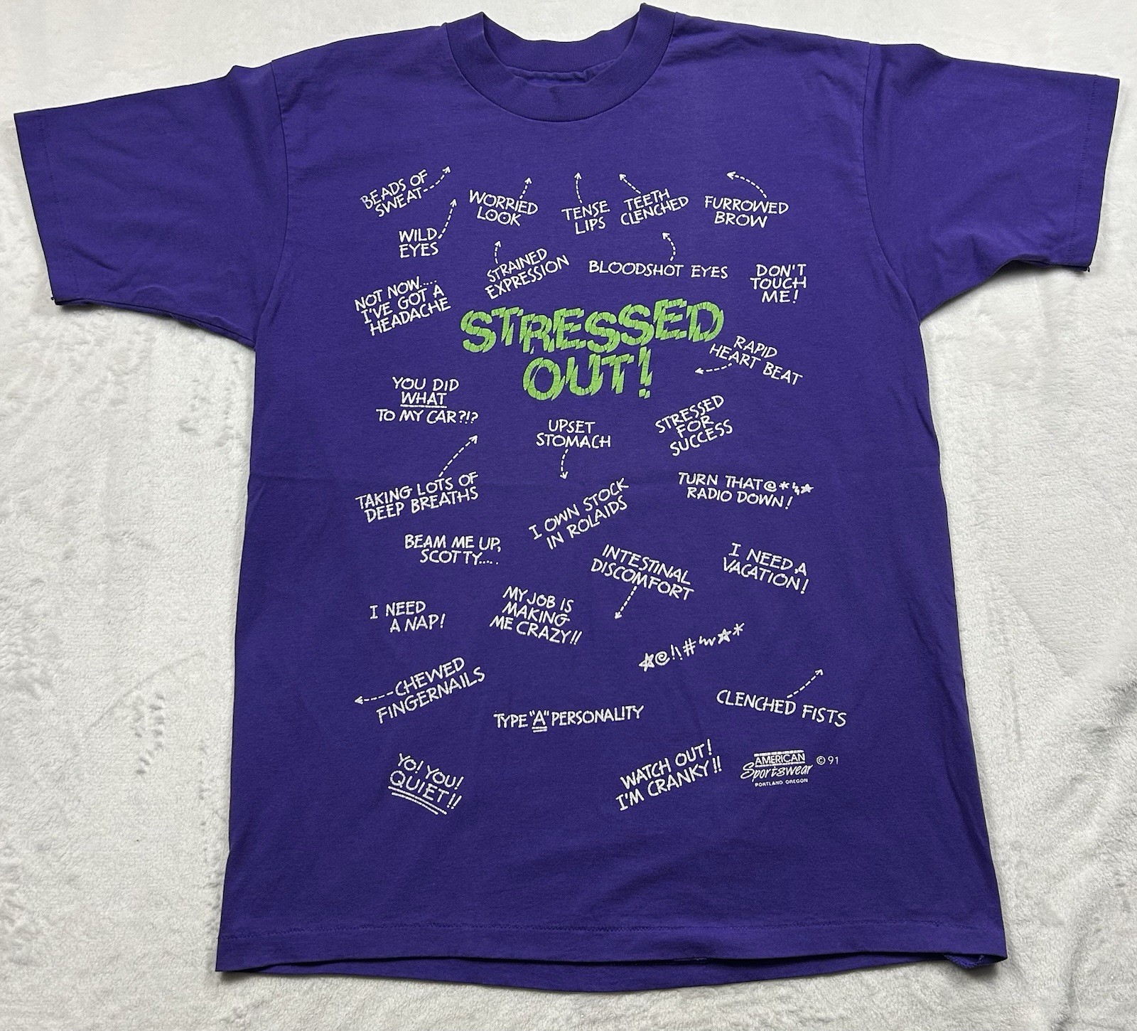 Vintage Stressed Out T-Shirt Mens L (Fits Medium) All Over Print Made In USA 90s Vintage Stressed Out T-Shirt Mens L (Fits Medium) All Over Print Made In USA 90s