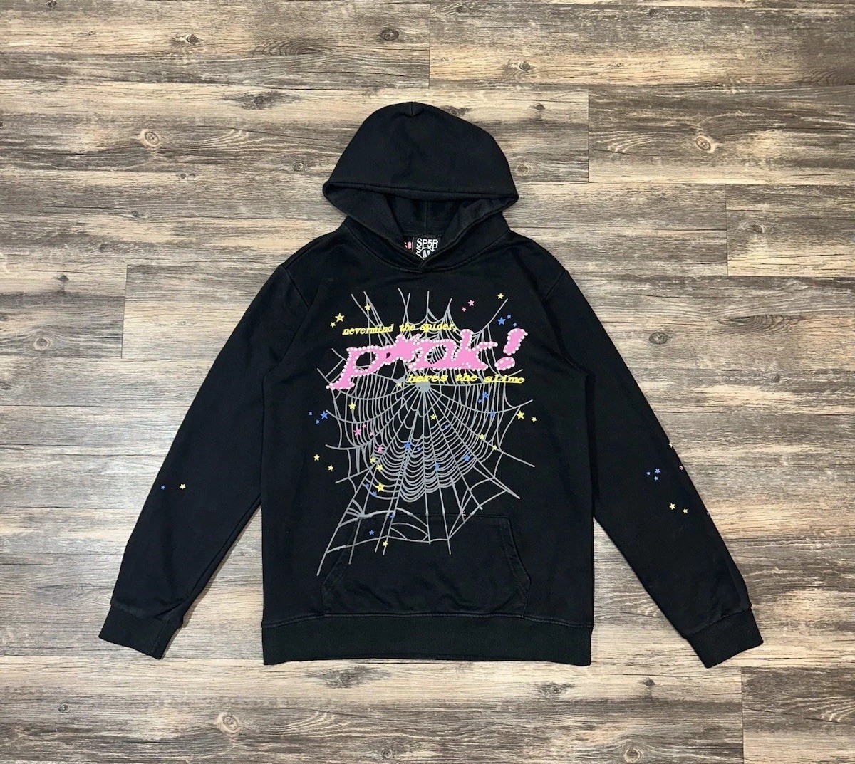 SP5DER Nevermind The Spider Hoodie Mens Medium Black P*nk Pullover Sweatshirt