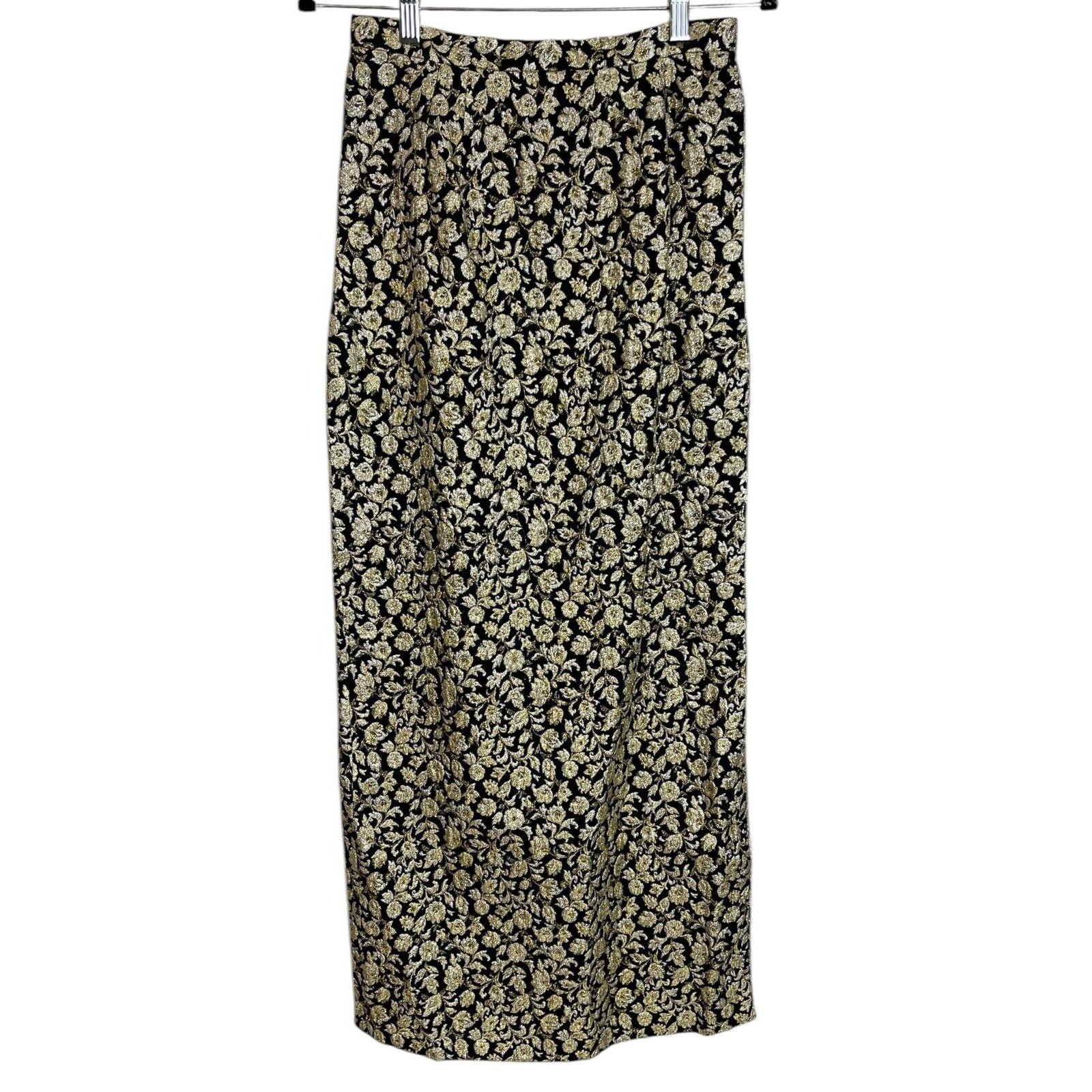 Vintage 50s 60s Black Gold Floral Brocade Long Maxi Skirt Cocktail Formal Party