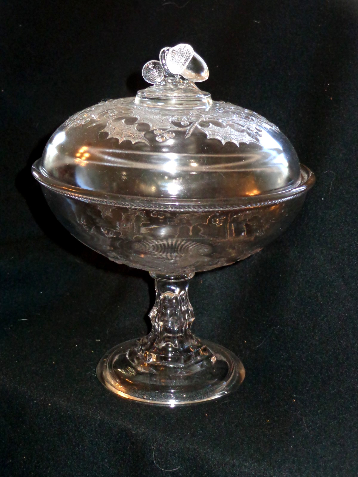 Antique Boston & Sandwich EAPG Pattern Glass Christmas Holly Lg Covered Compote Antique Boston & Sandwich EAPG Pattern Glass Christmas Holly Lg Covered Compote