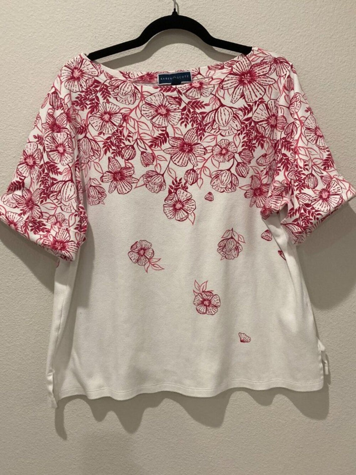 Karen Scott White Red Floral Border Print Boat Neck Top 2X