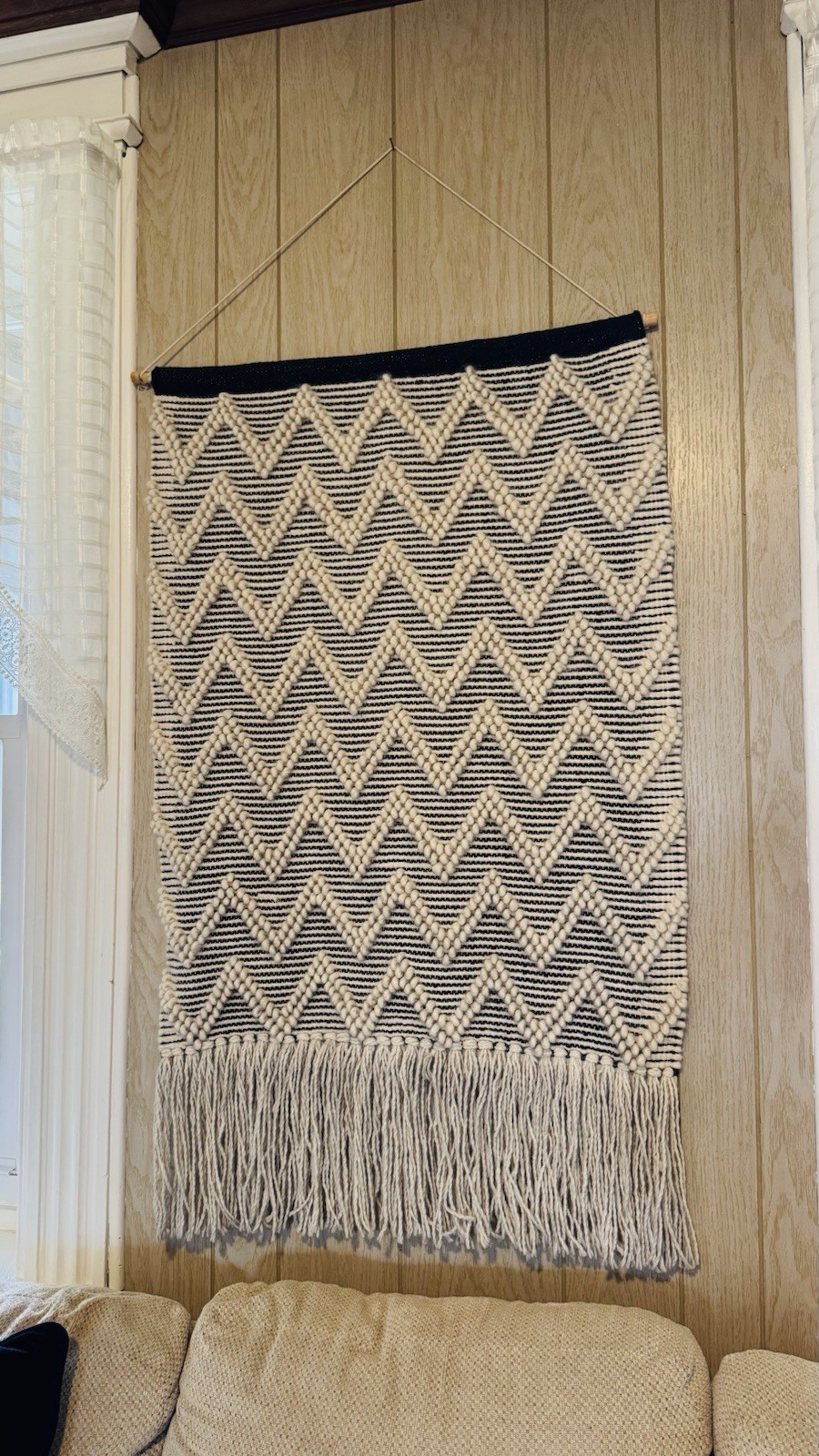 Vintage Wool Hand Woven Wall Hanging Tapestry Black Cream Off White Boho 30x49