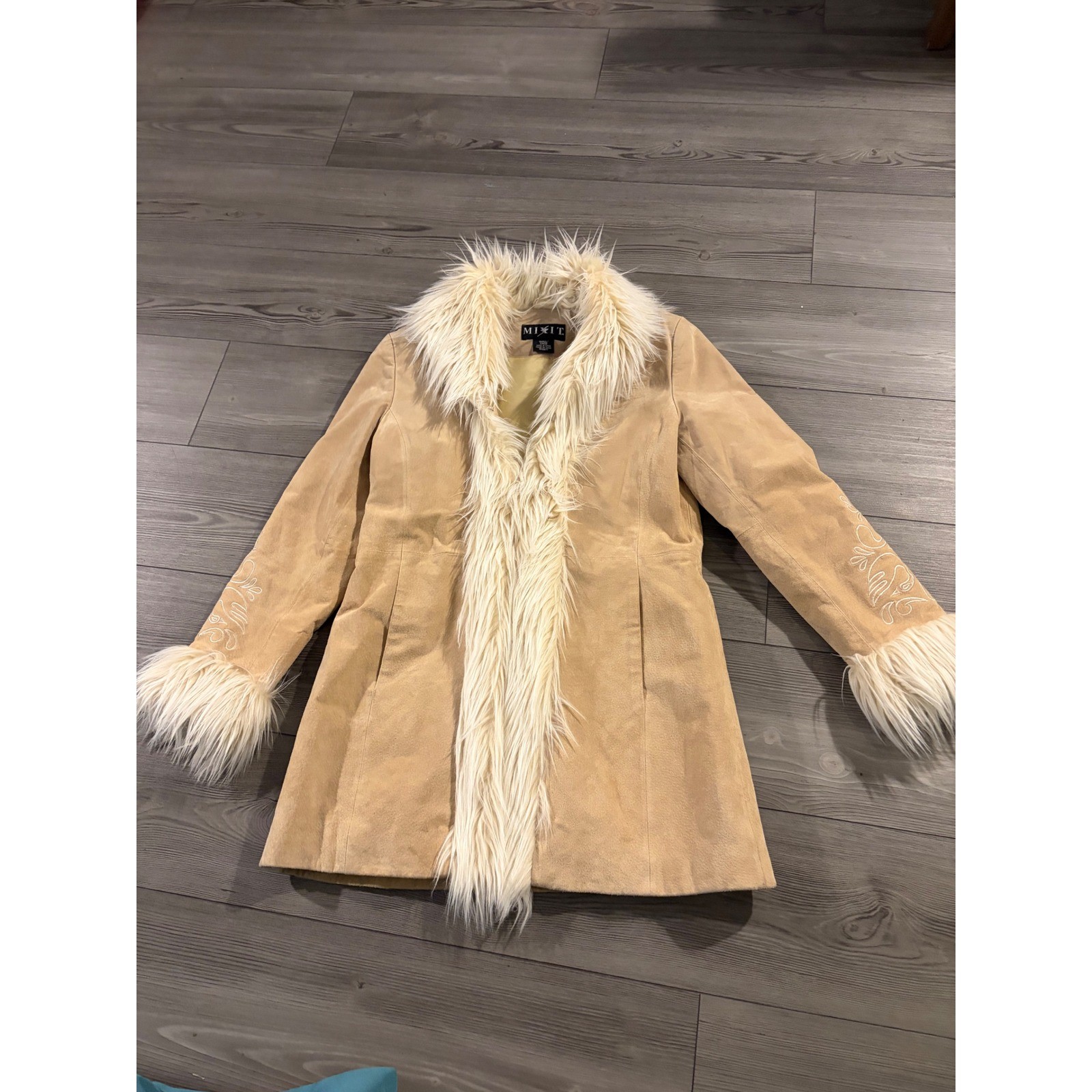 Vintage Y2K Mixit Penny Lane Suede Leather Faux Fur Coat Embroidered S 0117B3 Vintage Y2K Mixit Penny Lane Suede Leather Faux Fur Coat Embroidered S 0117B3