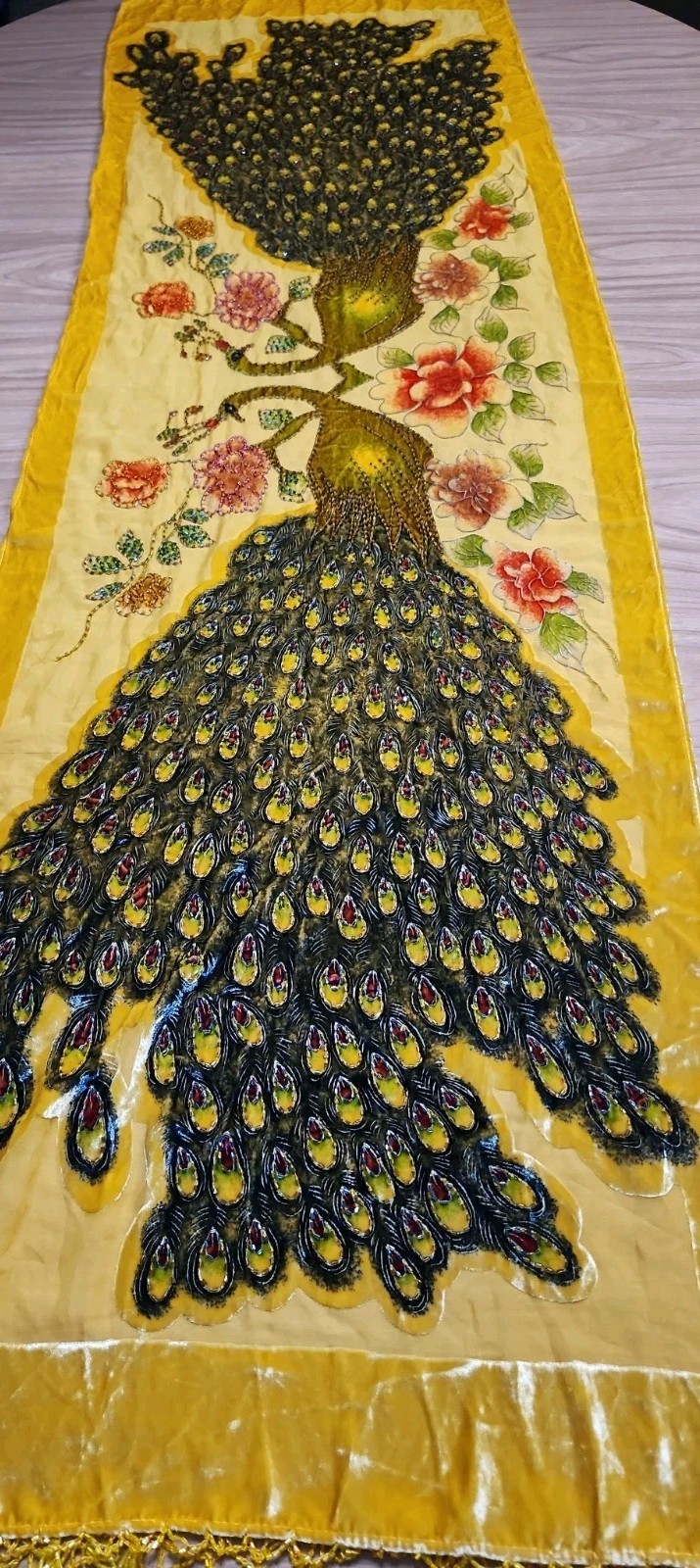 Vintage Velvet Glass Beaded Scarf DOUBLE Peacocks And Floral On Yellow STUNNING