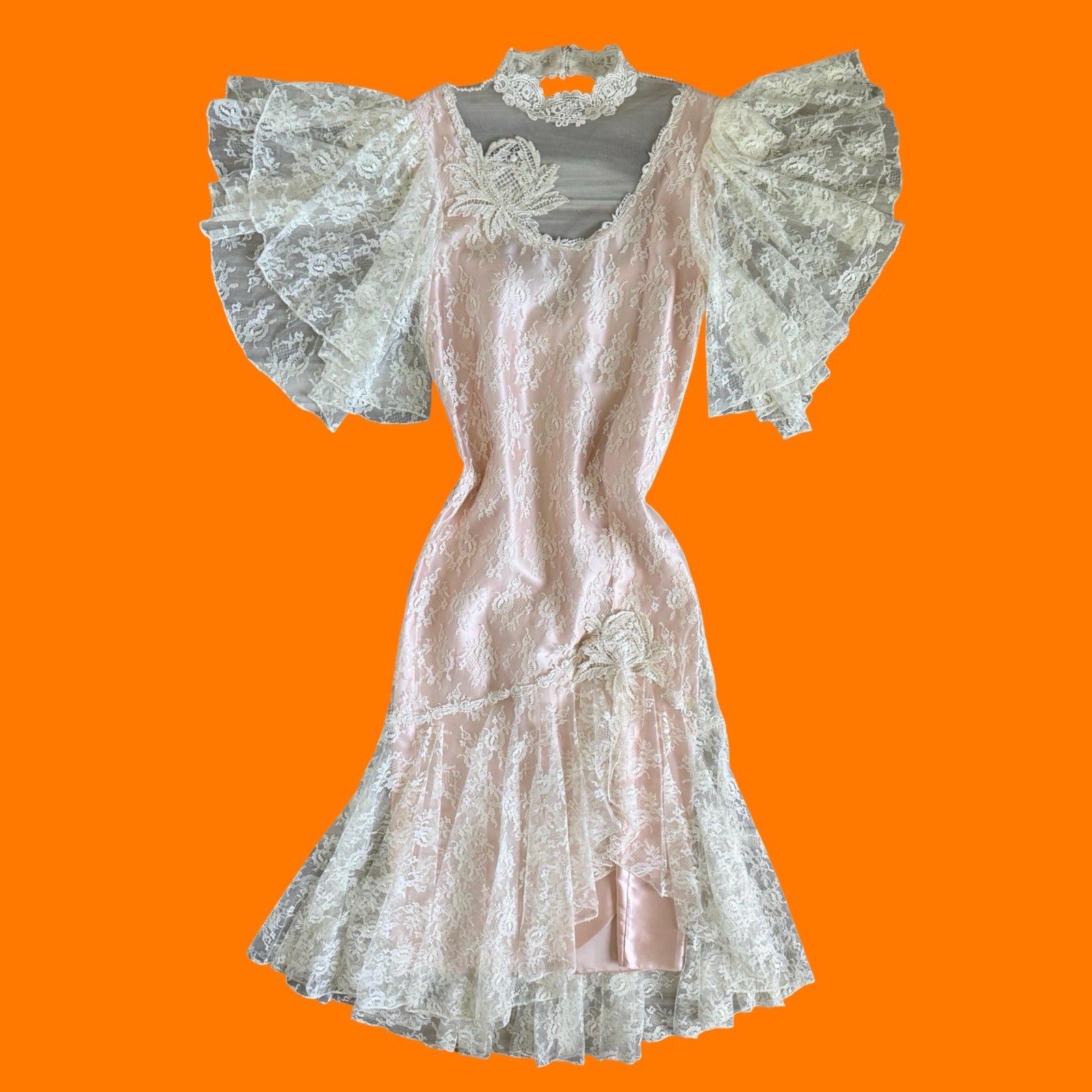 80\'s vintage romantic pink lace party prom dress coquette bridal S/M