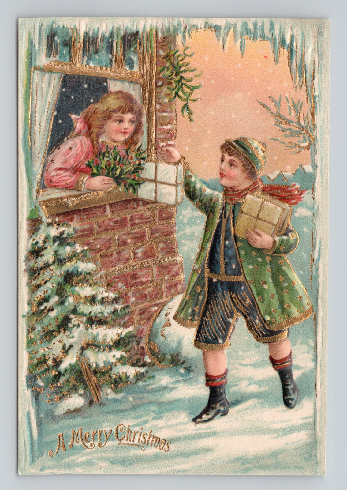Vtg 1910 Merry Christmas Postcard Boy Delivering Gifts Girl Window ASB 322 Gilt