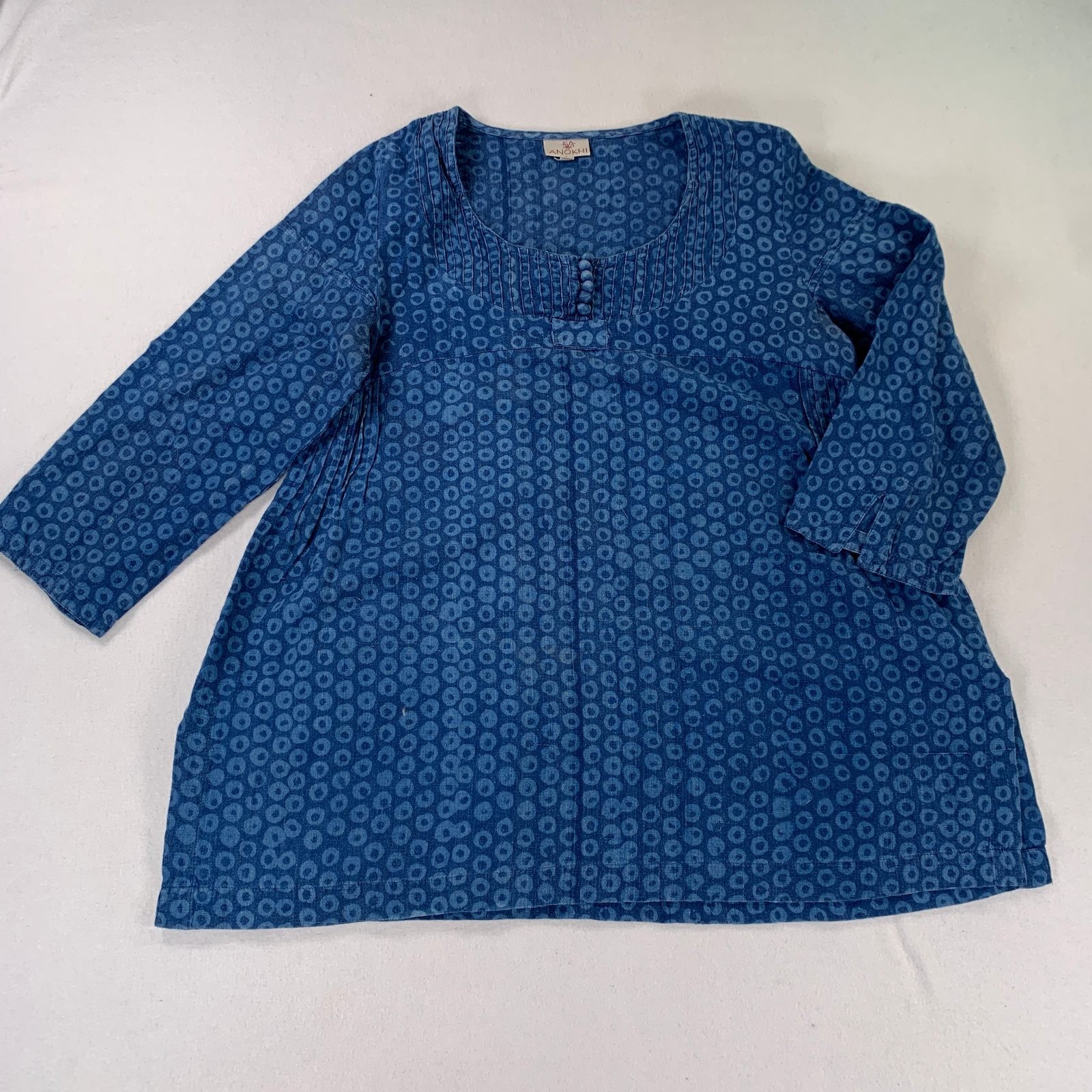 Anokhi Women\'s Blue Block Print Tunic Top Kurta Size L Cotton Anokhi Women\'s Blue Block Print Tunic Top Kurta Size L Cotton