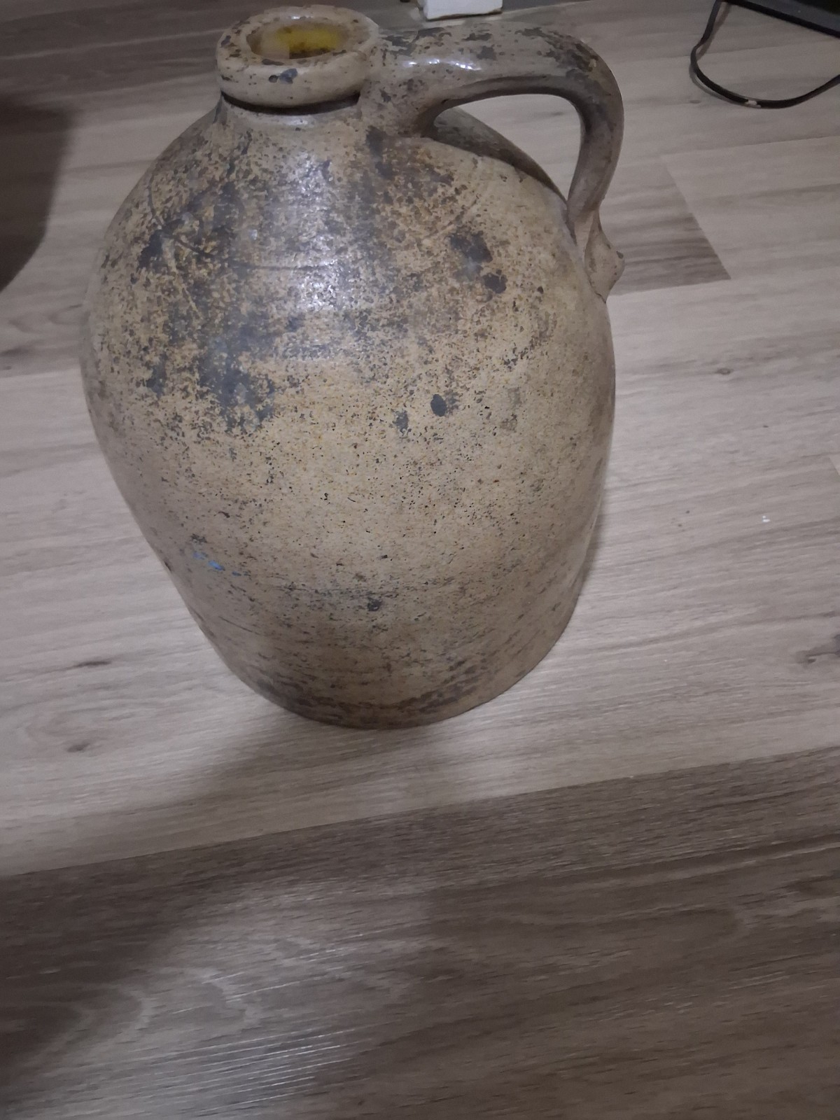 antique 1800's handmade stoneware salt glazed cobalt pottery jug vase w/ handle 
