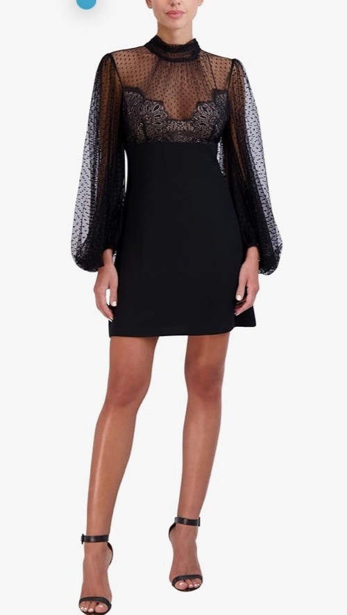 BCBGMAXAZRIA Women\'s Long Puff Sleeve Mock Neck Mini Evening Dress Black Size 16