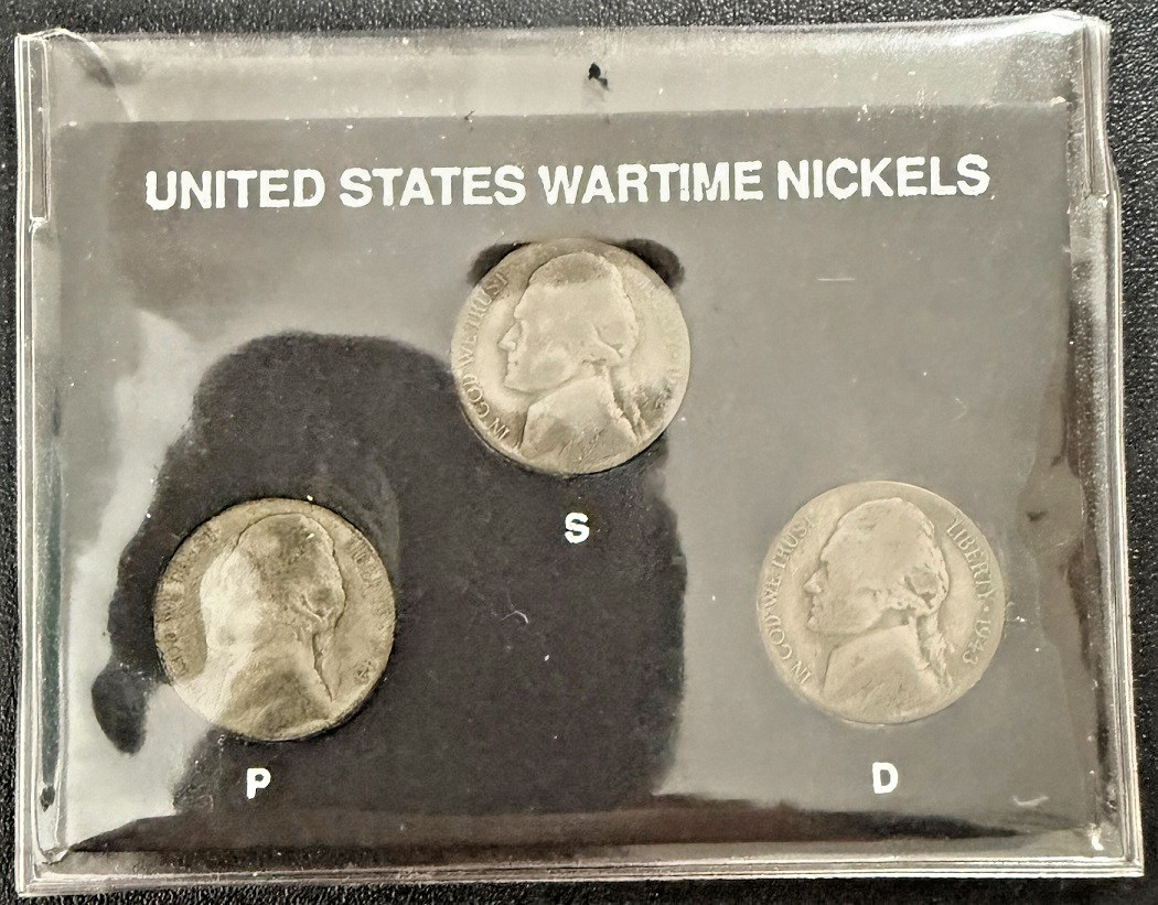 U.S. WARTIME SILVER 3 NICKEL SET, INCLUDES 1942-S, 1943-D, & 1944-P in a HOLDER