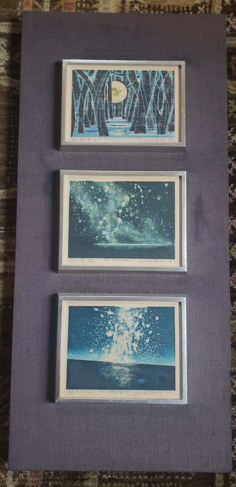 Vtg Joichi Hoshi 3 Woodblock Prints B.O.Q Scorpion Milky Way Moon Forest Signed Vtg Joichi Hoshi 3 Woodblock Prints B.O.Q Scorpion Milky Way Moon Forest Signed