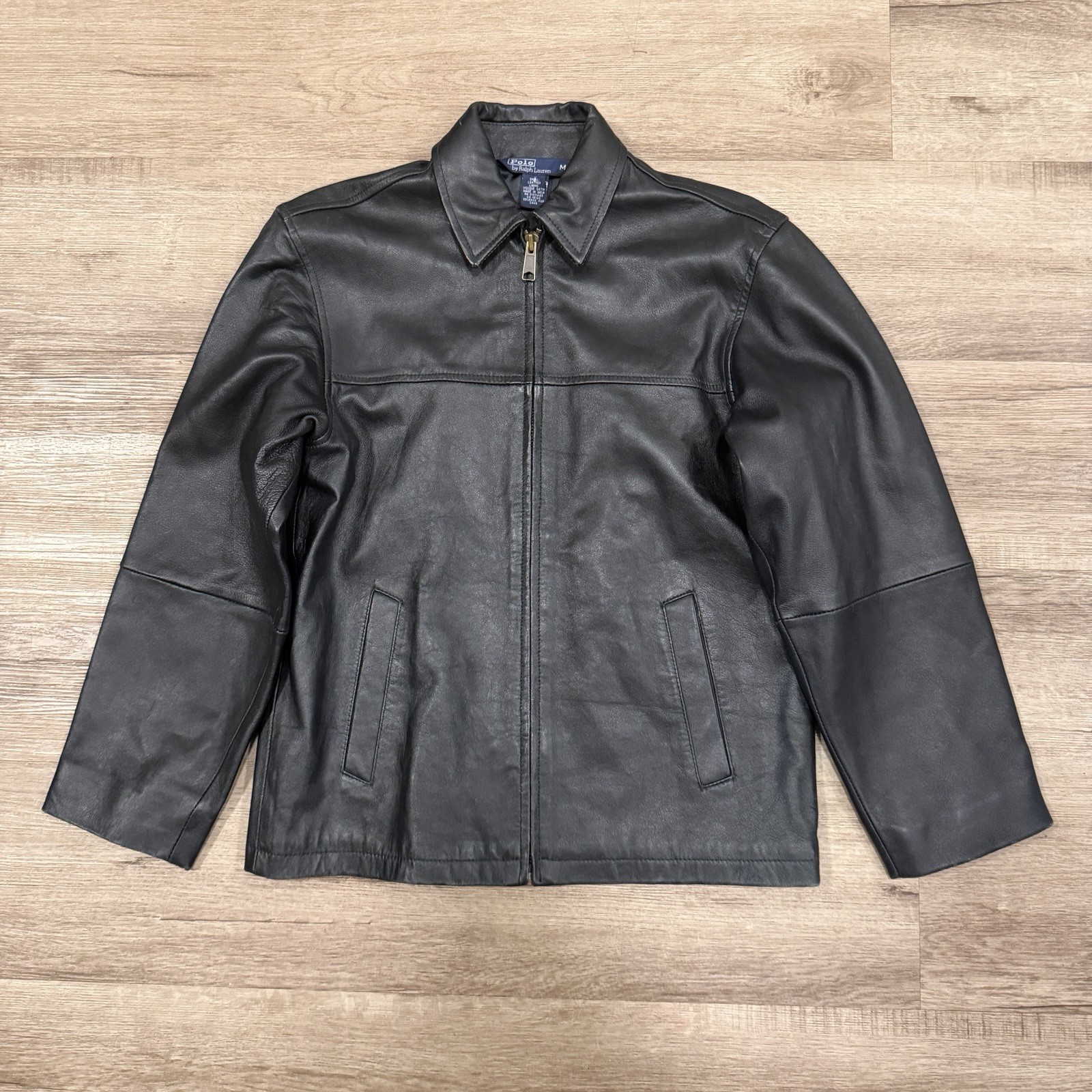 Vintage Polo Ralph Lauren Lamb Skin Black Leather Jacket Harrington Bomber