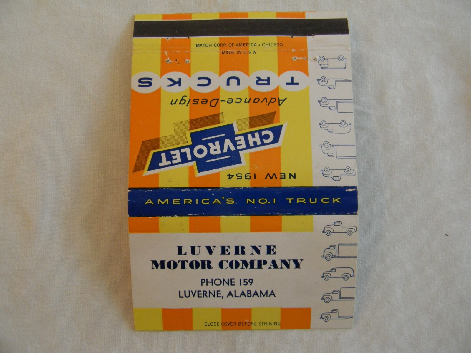Luverne Alabama automotive trucking 54 Chevrolet trucks low # 19 matchbook Luverne Alabama automotive trucking 54 Chevrolet trucks low # 19 matchbook