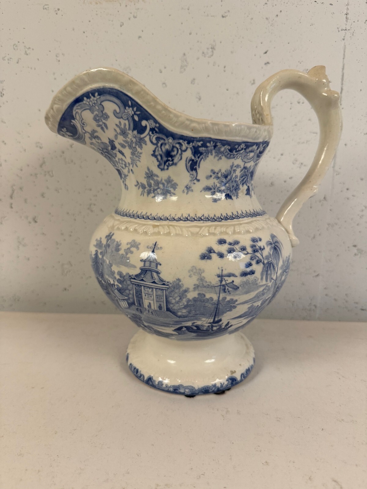1840s Era Staffordshire Blue White Transferware Pitcher Jug Pagoda Chinoiserie