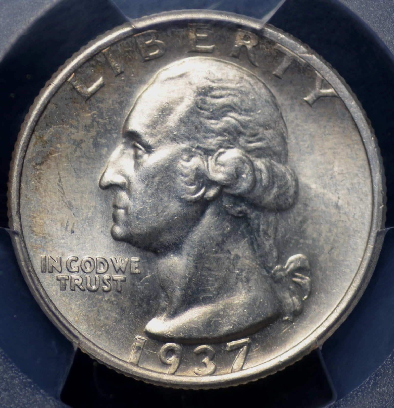 1937 S WASHINGTON QUARTER PCGS MS 63 HAZY, SLIGHTLY GREYING OFF WHITE, NICE