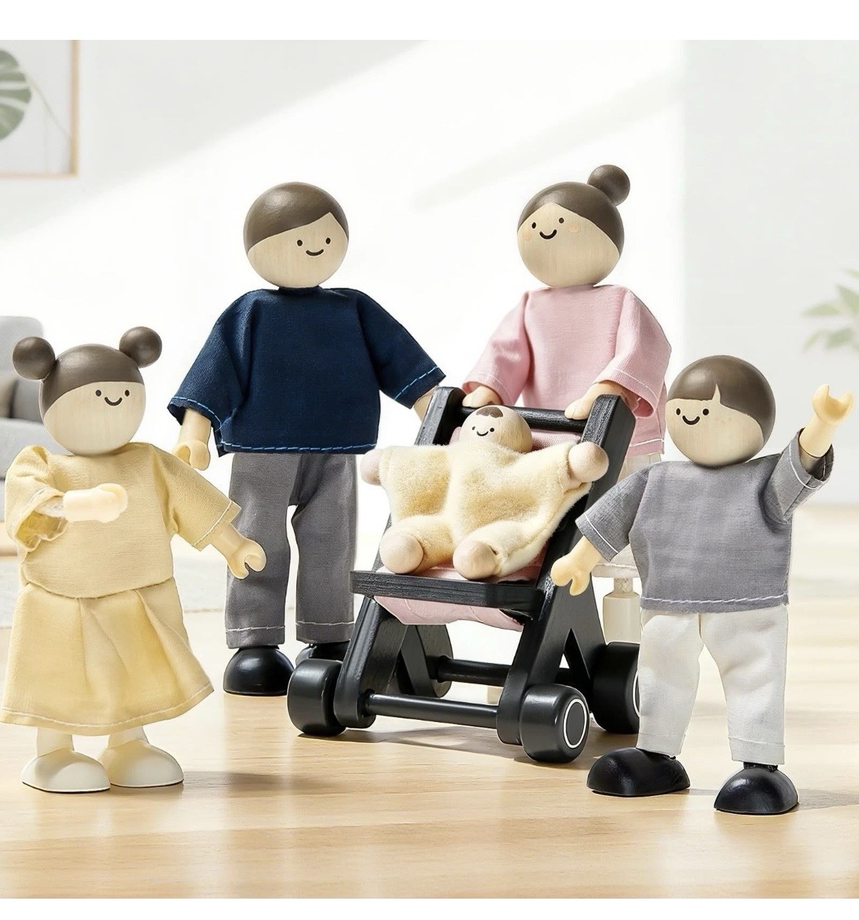 Tiny Land 5 Pc Wooden Doll Family Set Stroller Poseable Minimalist Waldorf New