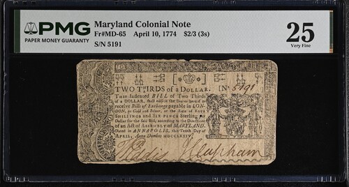 1774 Apr. 10 Maryland Colonial 2/3 Dollar Fr MD-65 PMG 25 VF Rare Note
