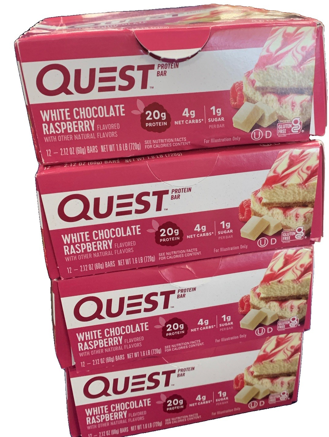 4 boxes Quest Nutrition White Chocolate Raspberry Protein Bars, 20g, 48-Pack