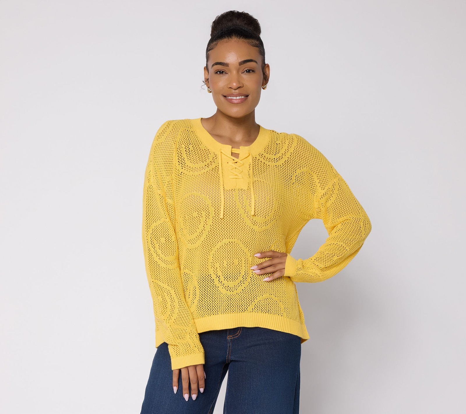 Peace Love World Mixed Motif Lace Up Cotton Sweater Happy Yellow S New