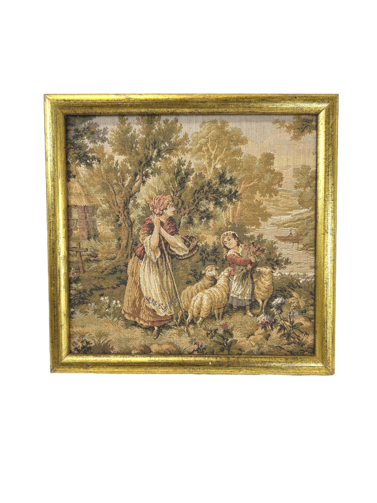 Vintage Greek Gobelin Shepherdess Sheep Tapestry Wall Art Gilt Frame 10.5\