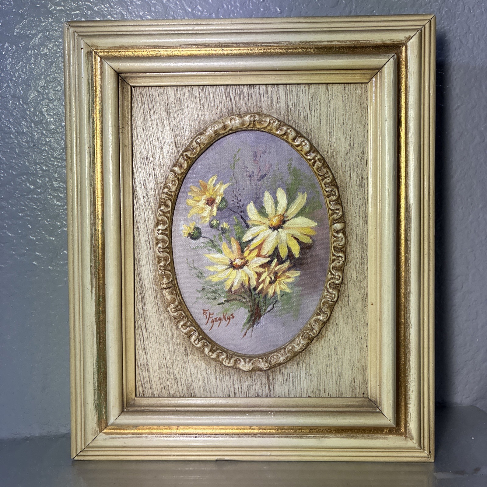 VTG MCM Oval Floral Oil Painting Signed Ornate Gold Frame CottageCore
