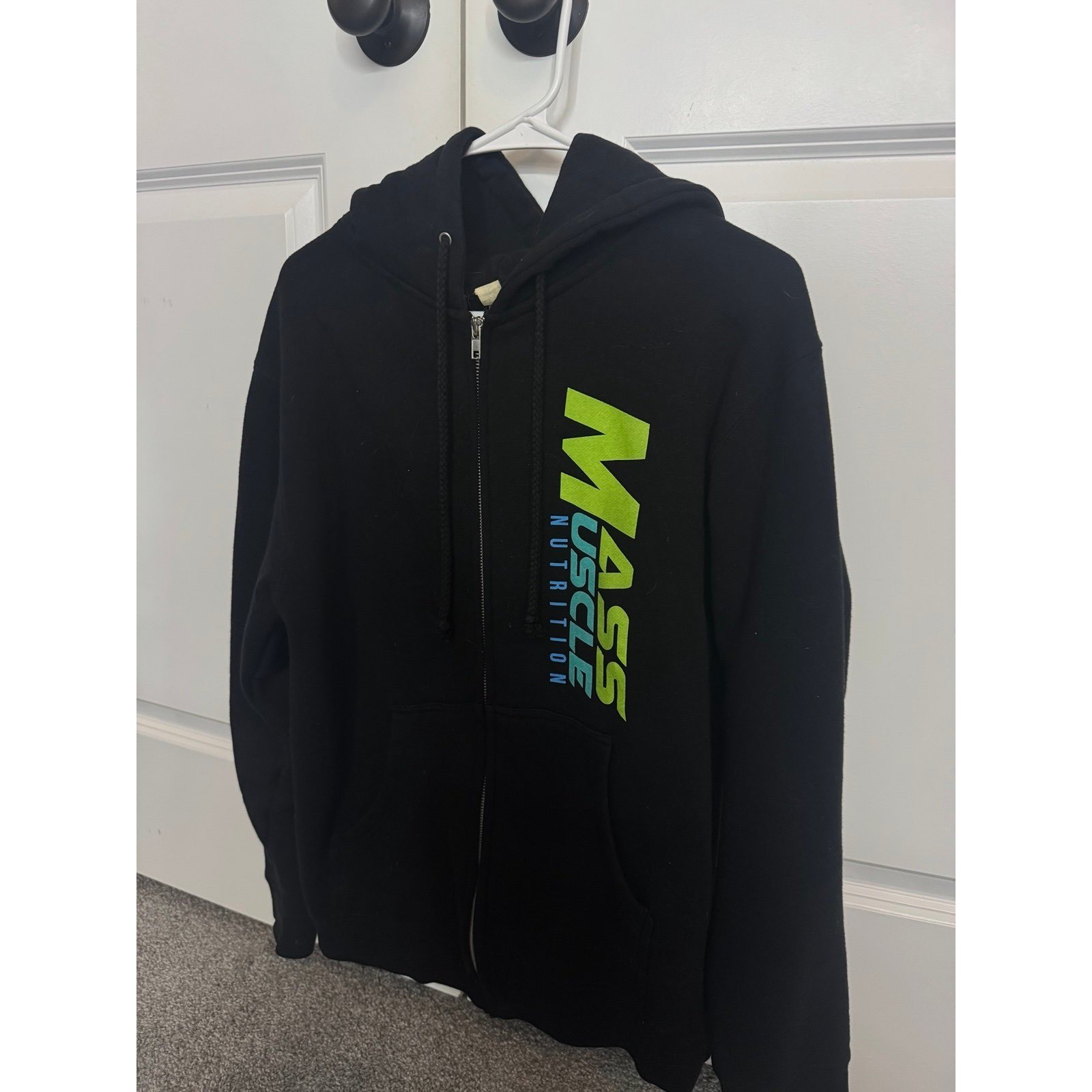 Mass Muscle Nutrition Black Zip Up Hoodie Sweater Men Size Small Graphic